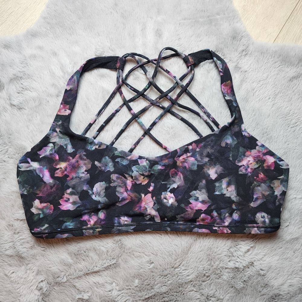Lululemon Free To Be Wild Floral Strappy Back Sports Bra Black Multi Size 12